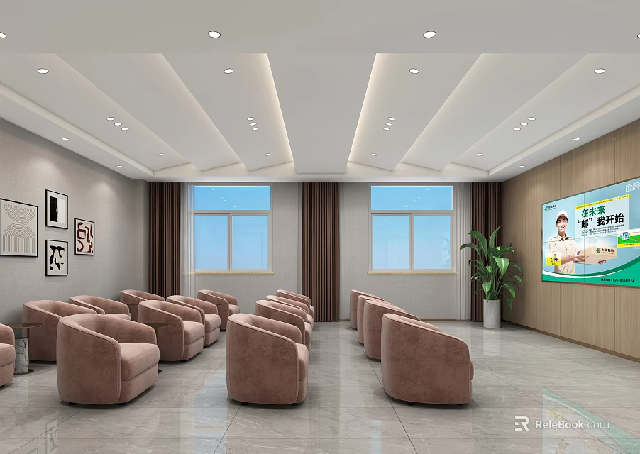Modern Bank Lobby Interior With Comfortable Seats Large Screen Windows And Green Plants 3d model 