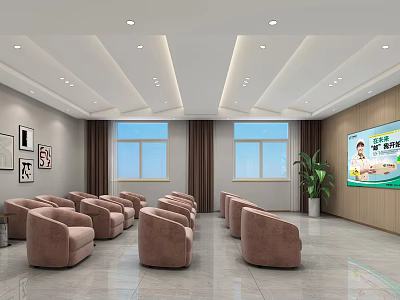 Modern Bank Lobby Interior With Comfortable Seats Large Screen Windows And Green Plants 3d model