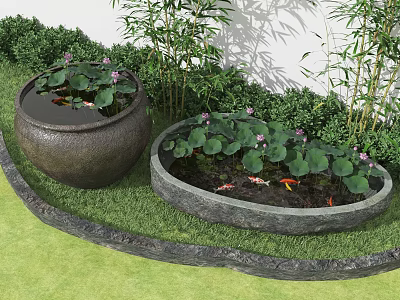 Ceramic and Stone Fish Tanks with Lotus Plants and Goldfish in Garden Setting 3d model