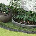 Ceramic and Stone Fish Tanks with Lotus Plants and Goldfish in Garden Setting