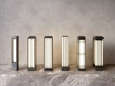 Six Modern Metal Rectangular Outdoor Lights Illuminated On Stone Floor With Gray Wall Background 3d model