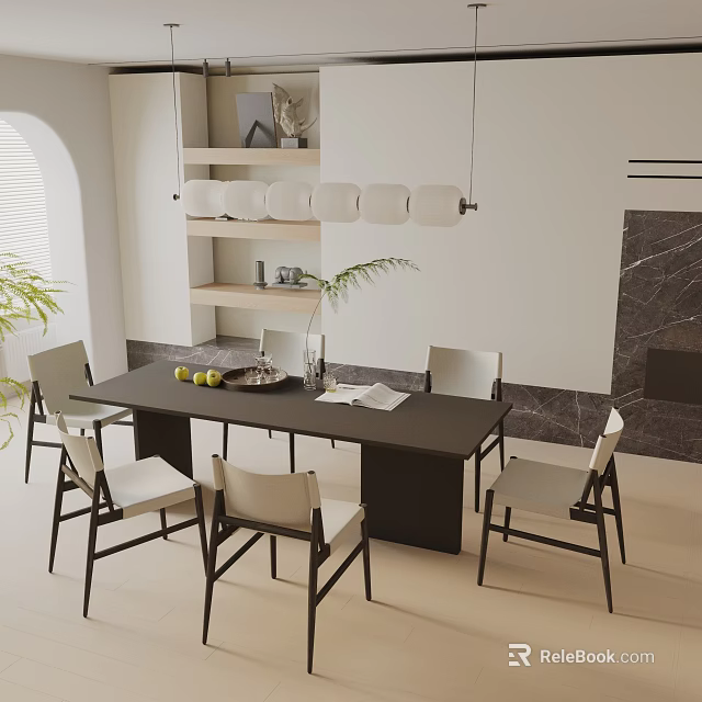 Modern Dining Table Set With Black Tabletop Light Colored Chairs Fruits Vase And Open Book 3d model 