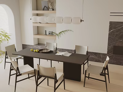 Modern Dining Table Set With Black Tabletop Light Colored Chairs Fruits Vase And Open Book 3d model