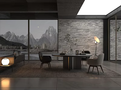 Modern Restaurant Interior With Large Windows Mountain Lake Views Stone Wall Round Dining Table 3d model