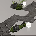 Natural Stone Stepping Stones Path With Green Grass And Decorative Rocks