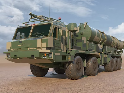 Camouflage Green Military Vehicle With Missile Launch System And Multiple Wheels On Desert Terrain 3d model