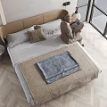 Minimalist Double Bed with Stylish Headboard and Cozy Bedding in Bright Room with Large Windows