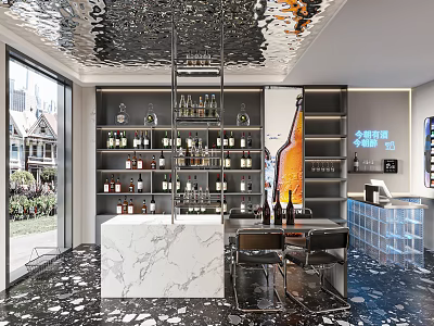 Modern Liquor Store Interior With Marble Bar Counter And Wine Shelves 3d model