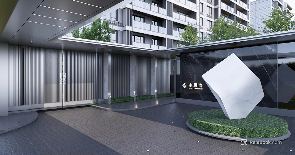 Modern Apartment Building Entrance Gate With Metal Panels Green Plants And Sculpture 3d model 