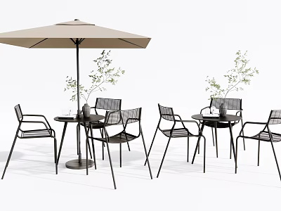 Modern Outdoor Table Set With Sleek Metal Chairs Large Umbrella And Potted Greenery 3d model