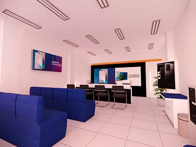 Modern Meeting Room With Blue Sofas Large Screen White Walls Tile Floor And Plant 3d model