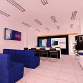 Modern Meeting Room With Blue Sofas Large Screen White Walls Tile Floor And Plant