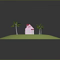 Scenic View Of Pink House With Red Roof On Green Grass And Palm Trees