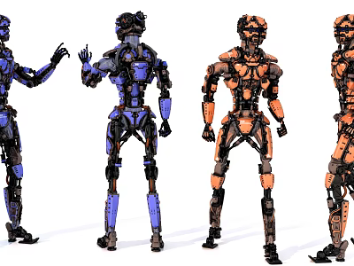 Detailed Game And Film Robotic Character Designs With Blue Orange Colors And Various Poses 3d model