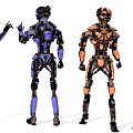 Detailed Game And Film Robotic Character Designs With Blue Orange Colors And Various Poses