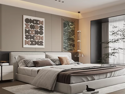 Modern Bedroom Interior With King Bed Pillows Nightstand Abstract Wall Art Rug And Pendant Light 3d model