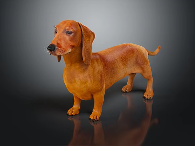 Brown Dachshund Standing On Dark Background With Shiny Coat And Reflective Surface 3d model