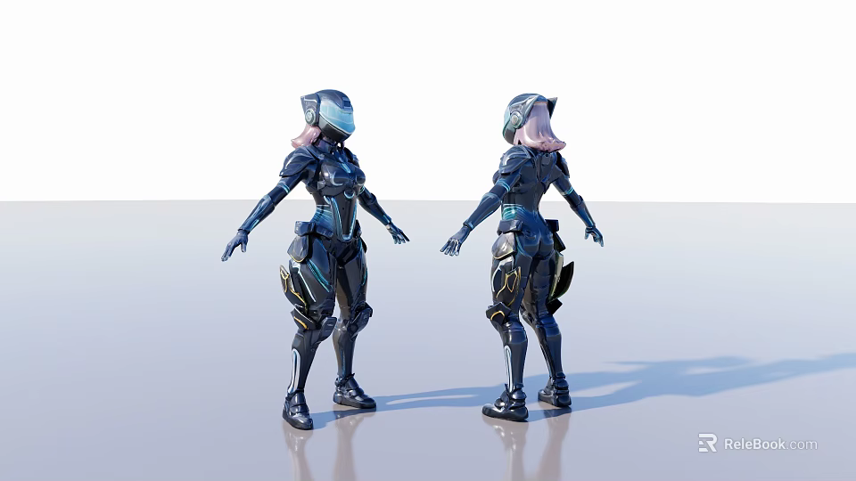 Futuristic Female Character Sculpture With Blue Armor Pink Hair Gold Accents Front And Back Views 3d model 