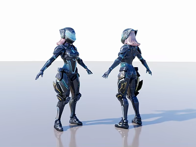 Futuristic Female Character Sculpture With Blue Armor Pink Hair Gold Accents Front And Back Views 3d model