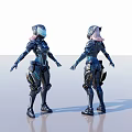 Futuristic Female Character Sculpture With Blue Armor Pink Hair Gold Accents Front And Back Views
