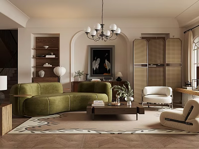 Elegant Living Room Interior With Green Sofa White Armchair Chandelier Patterned Rug And Wooden Bookshelf 3d model