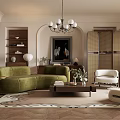 Elegant Living Room Interior With Green Sofa White Armchair Chandelier Patterned Rug And Wooden Bookshelf