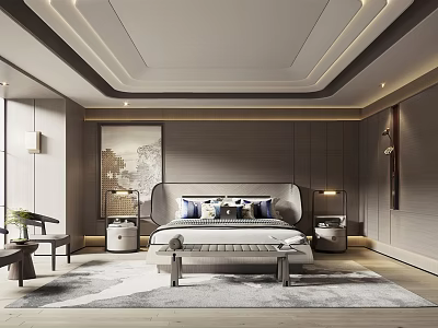 Elegant Modern Bedroom Interior Design With Upholstered Headboard Nightstands And Area Rug 3d model