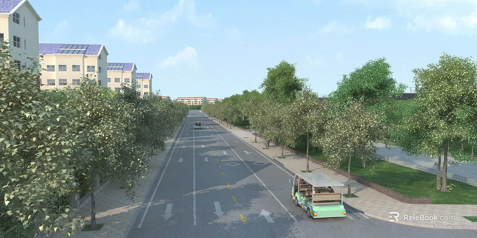 Tree Lined Urban Road With Lane Markings Arrows And Green Vehicle Infrastructure 3d model 