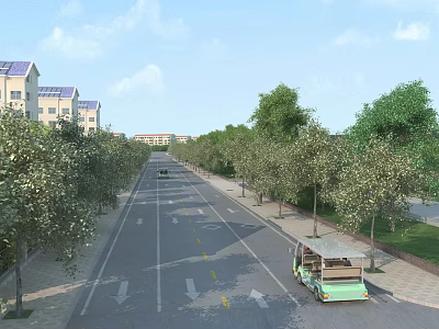 Tree Lined Urban Road With Lane Markings Arrows And Green Vehicle Infrastructure 3d model