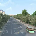 Tree Lined Urban Road With Lane Markings Arrows And Green Vehicle Infrastructure