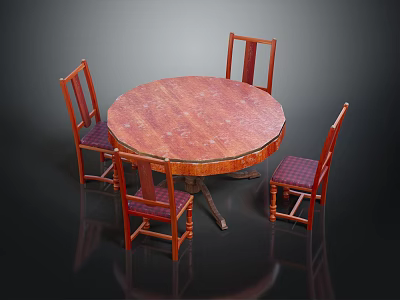 Wooden Round Dining Table With Four Chairs Checkered Seats And Wooden Backs 3d model