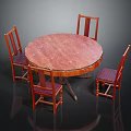 Wooden Round Dining Table With Four Chairs Checkered Seats And Wooden Backs