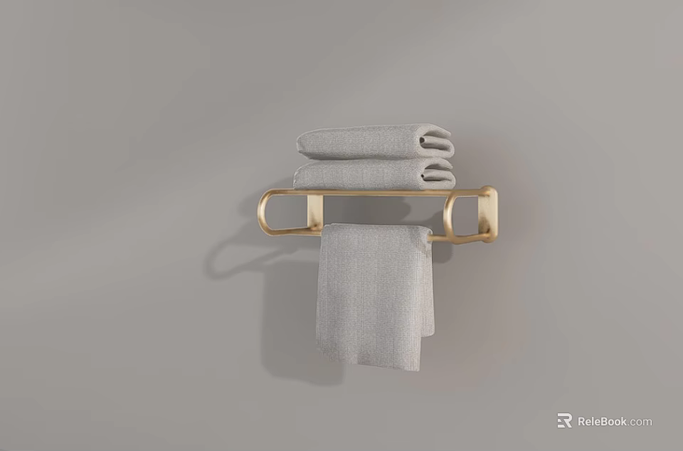 Soft Gray Towels On Wall Mounted Golden Towel Rack With Folded And Hanging Towels 3d model 