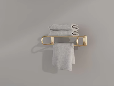 Soft Gray Towels On Wall Mounted Golden Towel Rack With Folded And Hanging Towels 3d model