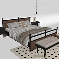 Double Bed with Metal Frame Wooden Headboard Cozy Bedding Nightstands Bench and Polka Dot Rug
