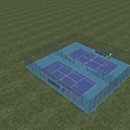Two Blue Surface Tennis Courts With Fenced Area Green Grass Surrounding For Sports Fitness 3d model