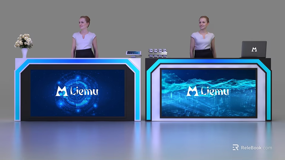 Modern Reception Desk With Blue Digital Screen M Liemu Logo And Professional Receptionists 3d model 