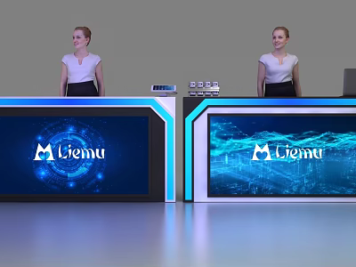Modern Reception Desk With Blue Digital Screen M Liemu Logo And Professional Receptionists 3d model