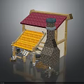 Small Traditional House With Red Tiled Roof Yellow Awning Brick Chimney Wooden Frame And Barrels