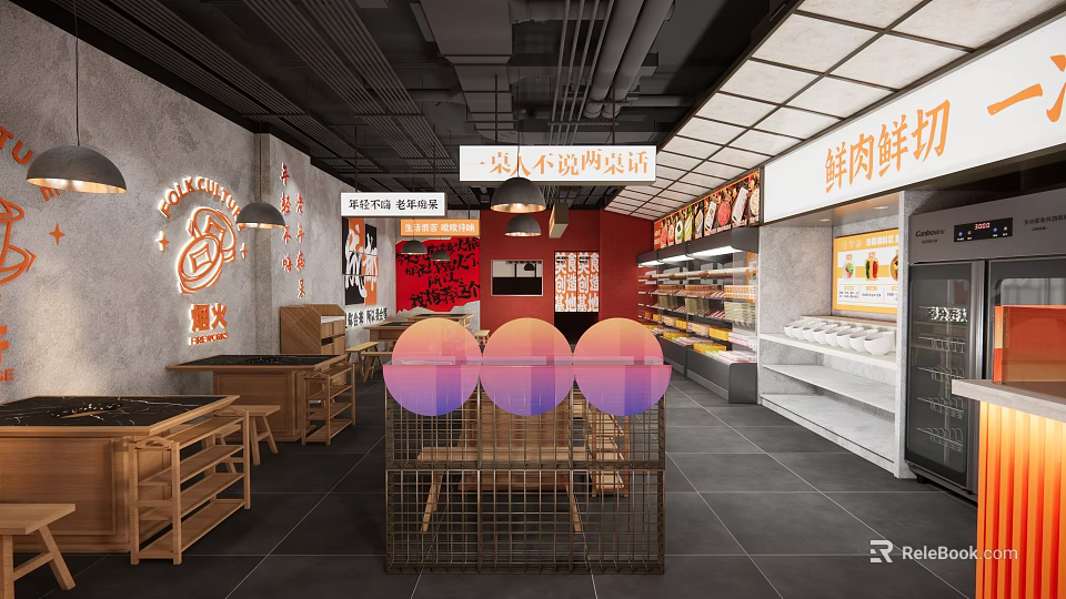 Modern Hotpot Restaurant Interior With Red Wall Wooden Tables Neon Signs And Fresh Ingredients 3d model 