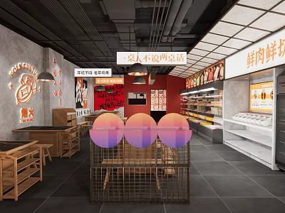 Modern Hotpot Restaurant Interior With Red Wall Wooden Tables Neon Signs And Fresh Ingredients 3d model