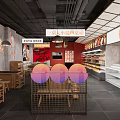 Modern Hotpot Restaurant Interior With Red Wall Wooden Tables Neon Signs And Fresh Ingredients