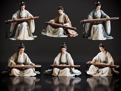 Game Movie Characters In Ancient Chinese Clothing Playing Guzheng With Multiple Poses 3d model