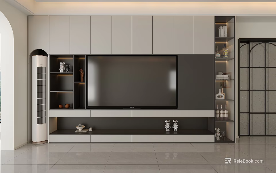 Modern TV Cabinet Design With Open Shelves Storage Compartments And Decorative Ornaments 3d model 