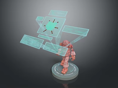 Game Movie Character Mechanical Humanoid On Circular Base With Holographic Structures And Green Core 3d model