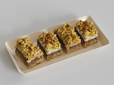 Delicious Multi Layered Square Pastries with Golden Crumbly Topping Served on White Tray 3d model