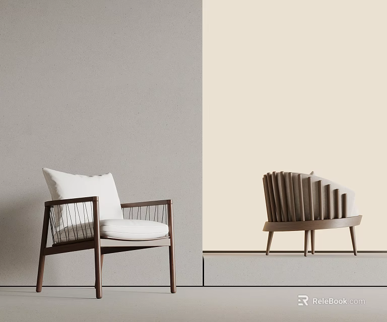 Stylish Wooden Armchairs With White Cushions And Vertical Slat Design In Neutral Room 3d model 