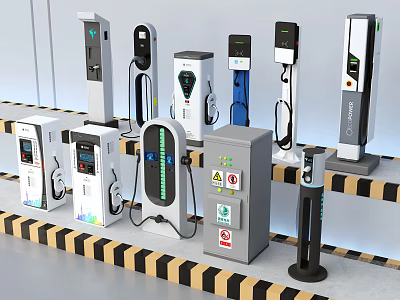 Modern Public Electric Vehicle Charging Facilities Featuring Various Charger Models And Designs 3d model