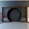 Modern Mall Shop Interior Featuring Circular Wooden Frame Pink Potted Plant And Vertical Text Decorative Panel