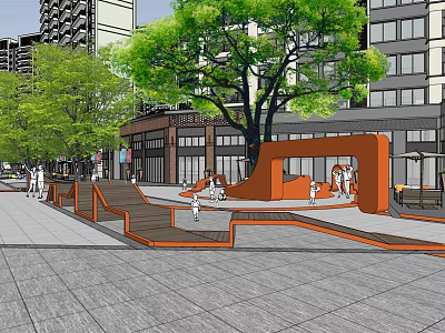 Urban Commercial Landscape With Modern Buildings Green Trees Orange Structures And Pedestrians 3d model